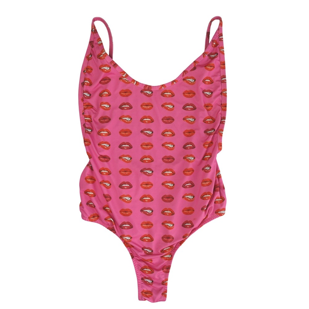 Lua Thong Swimsuit Womens Small Pink Red Lip Print Bodysuit Pop Art Top Rave Y2K